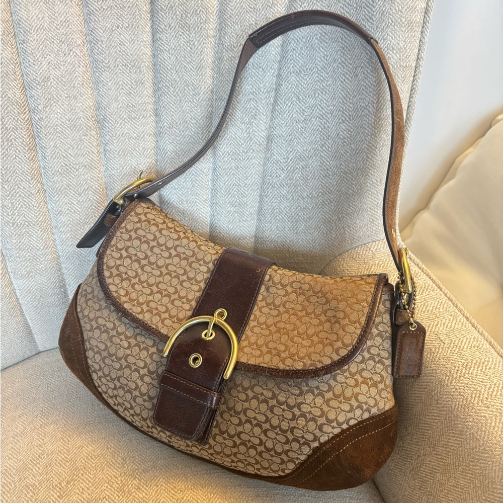 ❌ SOLD Vintage COACH Y2K SoHo Flap Brown Suede with Gold Buckle Hardware 6808